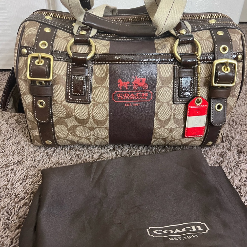 Coach Brown Duffel Bag with Monogram Pattern and Gold Hardware